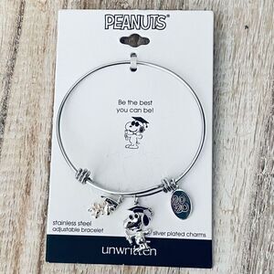 NWT Peanuts Silver Graduation Adjustable Charms Bangle Bracelet Silver Plated